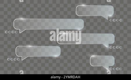 Chat dialog boxes glases. Set of realistic glass speech ballon Transparent frosted acrylic speech bubble on checkered gray background Realistic matte Stock Vector