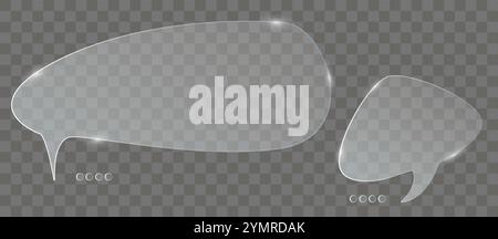 Chat dialog boxes glases. Set of realistic glass speech ballon Transparent frosted acrylic speech bubble on checkered gray background Realistic matte Stock Vector