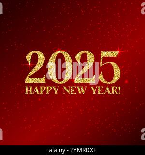 2025 Golden glitter numbers. Shiny elegant 2025 glowing digits isolated on square dark red background. Happy new year greetings. Vector illustration. Stock Vector