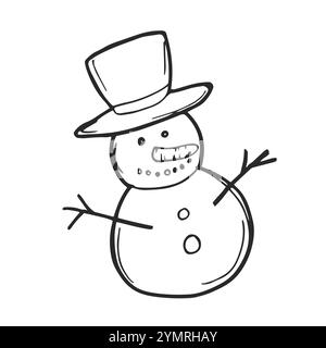 Vector Christmas doodle funny snowman. Cute hand drawn childish invitation, greeting card. Holiday linear illustration Stock Vector