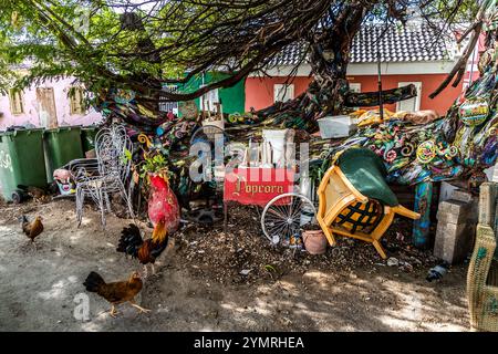 Free-range chickens scratch around a tree adorned with colourful decorative objects in a back garden on Bargestraat, Willemstad, Curaçao. An old popcorn van and various pieces of furniture complete the eclectic ensemble that forms part of the streetscape of the revitalised Fleur de Marie neighbourhood. Curaçao has long been known for its colorful house facades. Increasingly, artistic murals embellish many walls and give the individual neighborhoods an individual identity. Curacao, Kòrsou Stock Photo