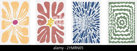 Abstract flower posters. Botanical retro tones designs. Modern groovy 60s 70s naive art organic doodle shapes style. Contemporary retro hippie aesthetic floral wall decor. Perfect for modern interiors Stock Vector