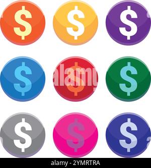 Dollar Sign Coin Circle Orange Yellow Purple Blue Red Green Silver Pink Isolated on white Transparent Background Stock Vector