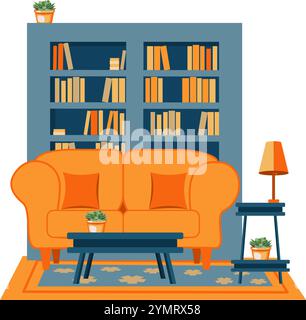 Interior design with couch, table, bad table, bookshelf with books, vector illustrationt Stock Vector