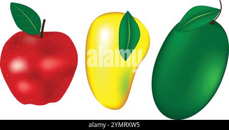 Red apple and two green and yellow mangoes vector isolated on white transparent background Stock Vector
