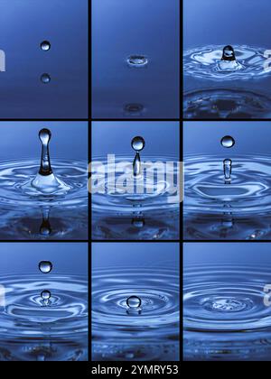 Nine sequential images showing the evolution of a drop of water splashing in blue water creating ripples Stock Photo