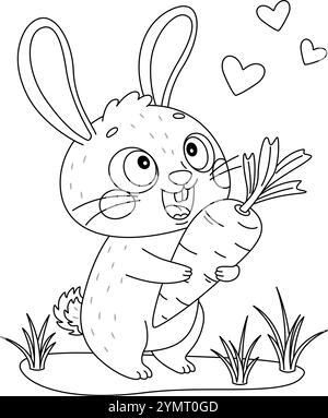 Cute rabbit holding carrot doodle style. Hand drawn bunny coloring page. love carrot Pet character black and white coloring book, art therapy, line art. Vector illustration Stock Vector