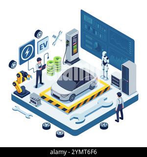 Isometric Electric Vehicle Maintenance with AI and Robotics. Electric Vehicle Maintenance Concept Stock Vector
