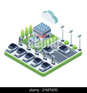 Isometric Electric Cars at EV Charging Station and Infrastructure. Electric Vehicle Charging Infrastructure Concept Stock Vector