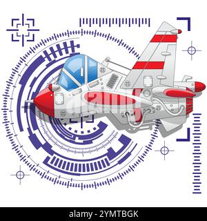 Military aircraft on a technological background. Side view. Isolated on white background. Vector illustration. Stock Vector