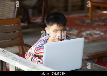 A cheerful child sits on wooden furniture, engaged with a laptop. The setting is cozy, showcasing the joy of learning and play through technology. Stock Photo