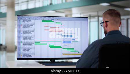 Project Management Software And Business Plan Schedule In Office Stock Photo