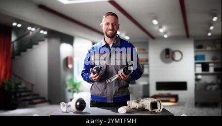 Technician Using Surveillance Security Camera Video System Stock Photo
