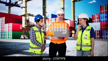 Shipping Port Worker Using Technology. Logistics Management And Delivery Stock Photo
