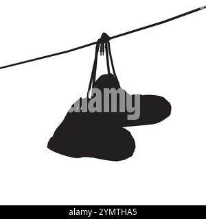 Silhouette Sneakers hanging from a rope on the white background. Vector illustration. Stock Vector