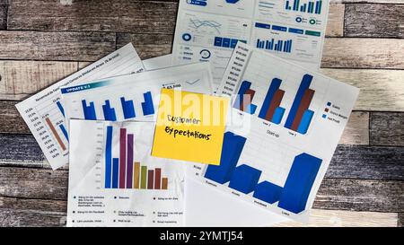 Concept of Customer Expectations write on sticky notes isolated on Wooden Table. Stock Photo