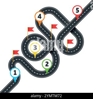 Route infographic template with flag pointers. Road map Stock Vector