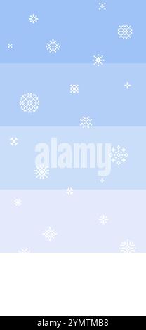 Vertical winter background. Minimalist poster with snowflakes in pixel art. Winter season pastel blue colors vertical vector banner. Sky gradient desi Stock Vector