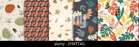 Seamless pattern set with colorful autumn leaves. Falling leaf in the forest seamless background Stock Vector