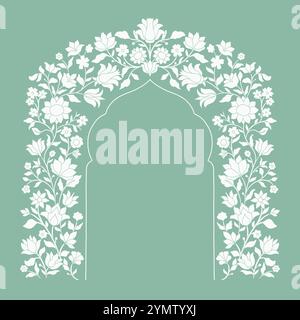 Mughal decorative ornamental floral arch. Vintage intricate traditional mughal style with flowers and foliage. Stock Vector