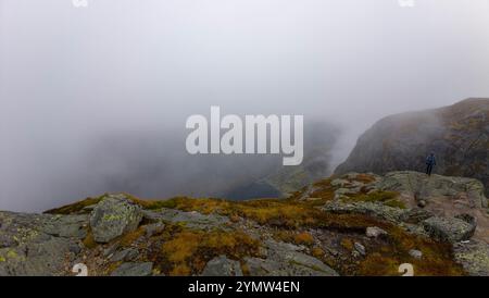 A foggy mountain landscape with rocky terrain and sparse vegetation, overlooking a hidden valley below. A lone hiker stands on the edge, adding a sens Stock Photo