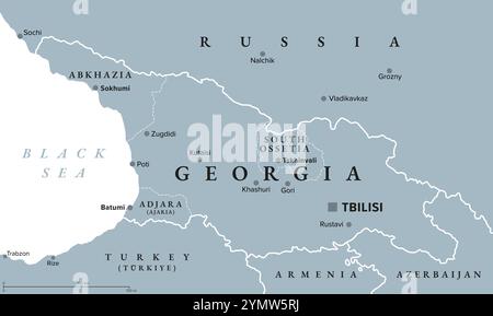 Georgia with capital Tbilisi, gray political map. Country in Eastern Europe and West Asia, part of Caucasus region. Stock Photo