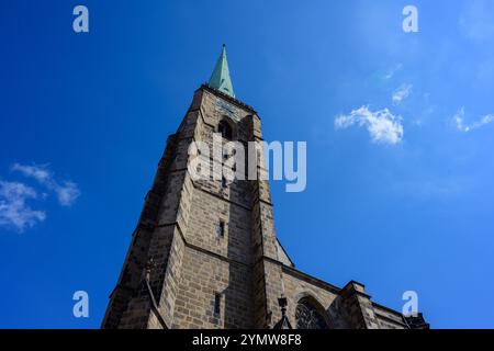 Plzen Cathedral of Saint Bartholomew Spire or Bell Tower in Bohemia, Czech Republic Stock Photo