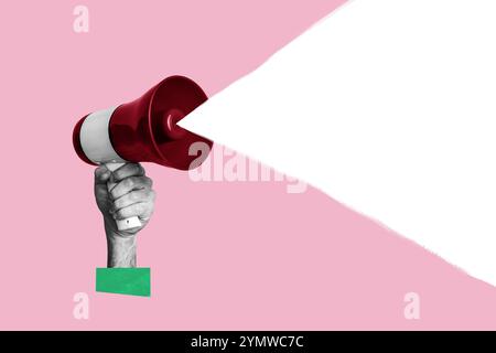 Composite photo collage of hand hold megaphone promote information news ray speaker agitation resistance isolated on painted background Stock Photo