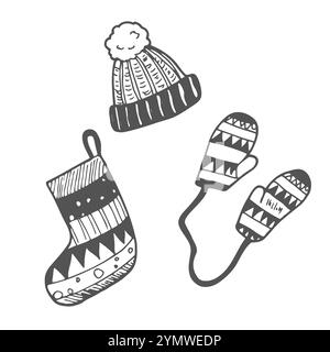 Set of hand drawn winter clothes and accessories hat, mittens, socks. Doodle sketch for kids, Christmas design. Stock Vector
