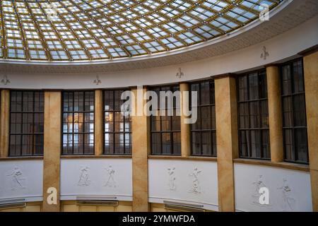 Interior view of the beautiful decorated glass Dome ceiling in old luxury bank, Belgrade, Serbia 27.11.2023 Stock Photo