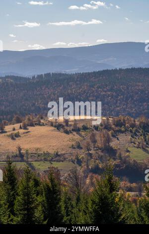 Tops of Golija mountain hills with gloomy and cloudy sky on the horizon Stock Photo