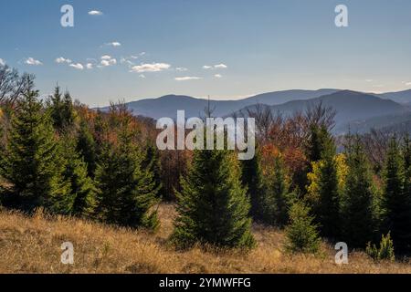 Tops of Golija mountain hills with gloomy and cloudy sky on the horizon Stock Photo