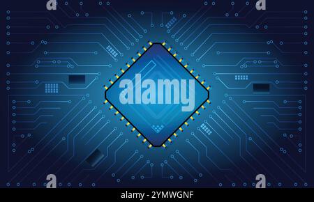 Technology style background, CPU on motherboard circuit in a neon blue colour scheme Stock Vector