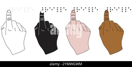 Set of hands reading the word "Braille" in Braille, World Braille Day element Stock Vector