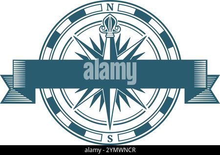 Retro compass logo. Sailing emblem with ribbon engraving Stock Vector