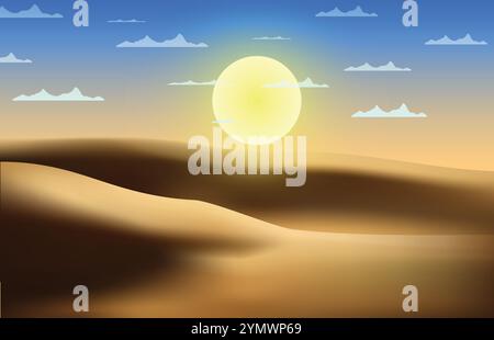 sunny desert landscape, where the sands shine under the sun and clouds in the sky Stock Vector