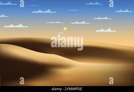 sunny desert landscape, where the sands shine under the sun and clouds in the sky Stock Vector