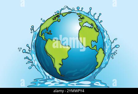 ILLUSTRATION Planet Earth splashing on the water surface environment and save the environment Stock Vector