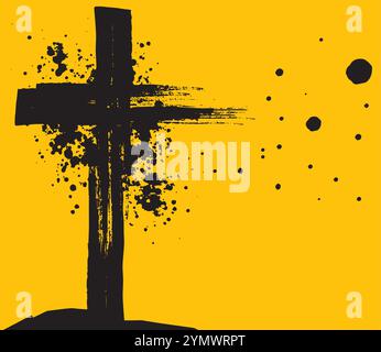 Black cross painted on yellow background symbolizing easter Stock Vector