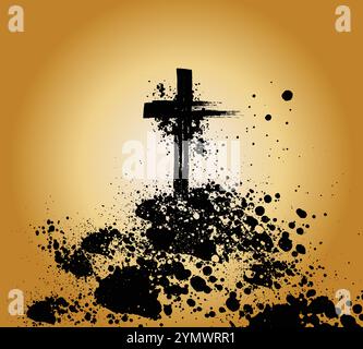 Black Christian cross symbol standing over splattered paint on gold background Stock Vector