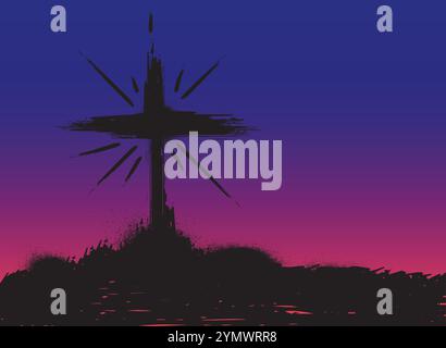 Black Christian cross symbol standing over splattered and splattered paint on blue and purple background Stock Vector
