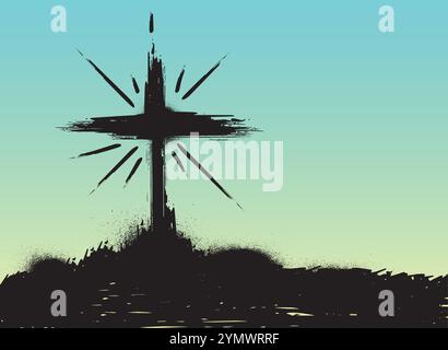 Black symbol of Christian cross standing over splattered and splattered paint on blue background Stock Vector