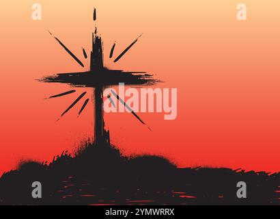 Black Christian cross symbol standing over splattered and splattered paint on orange background Stock Vector
