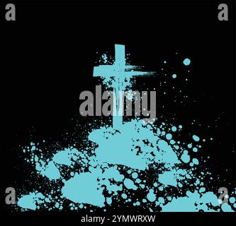 Blue Christian cross symbol standing over splattered paint on black background Stock Vector