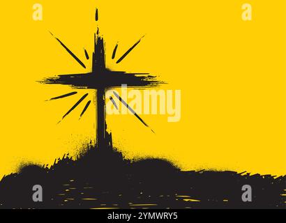 Red Christian cross symbol standing over splattered paint on black background Stock Vector