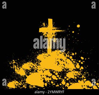 Hand-drawn yellow christian cross standing on splattered paint on black background, symbol of faith Stock Vector