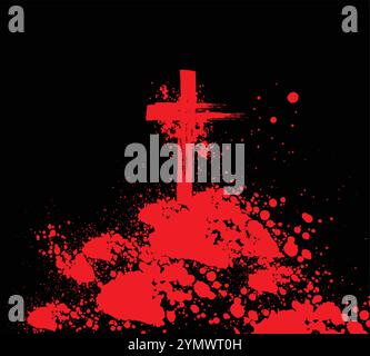 Red Christian cross symbol standing over splattered paint on black background Stock Vector