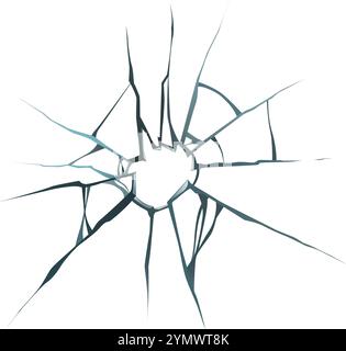 Cracks radiating from a hole in a broken glass surface create a dramatic visual, symbolizing damage, fragility, and the aftermath of impact Stock Vector