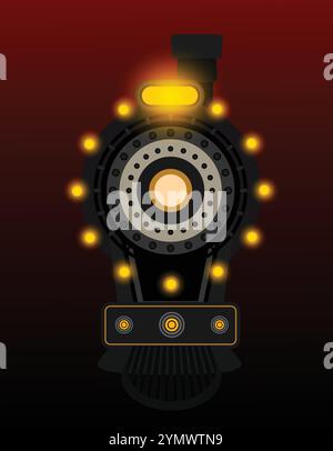Stylized illustration of a futuristic locomotive design is shining in the dark, featuring intricate details and a powerful presence Stock Vector