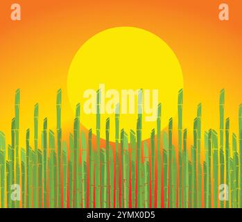 Minimalist illustration featuring a dense bamboo forest growing under a yellow sun in a serene natural setting Stock Vector